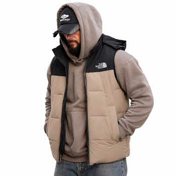 Жилетка чоловіча The North Face бежева, тепла демісезонна безрукавка з капюшоном, плащівка, весняна M