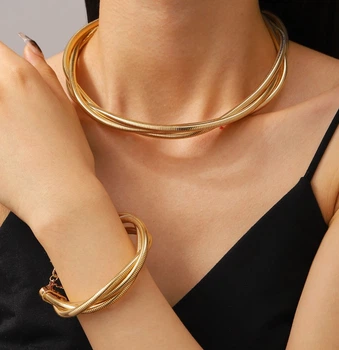 Набір із кольє чокера та браслета, потрійне багатошарове Fashion Jewerly переплетені ланцюги біжутерія, золотистий колір (SVS)