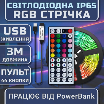 Светодиодная RGB лента IP65 комплект 3м с пультом на 44 кнопки, 60 светодиодов на метр, USB 5V