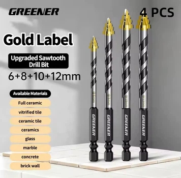 Сверла GREENER 4шт с зубцами для плитки, стекла 6 / 8 / 10 / 12 мм для сухого сверления