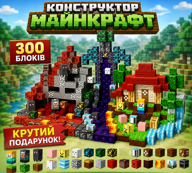 Магнітний конструктор Майнкрафт 300 блоків "Лісова пригода" - великий сюжетний набір для дітей, 3D будівництво, розвиваюча іграшка