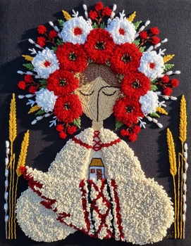 Вишита авторська картина "Берегиня", килимова вишивка, настінне панно, оберіг, розмір 50х40