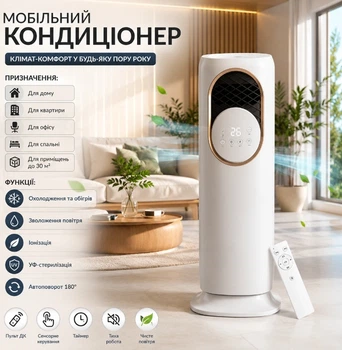 Підлоговий мобільний кондиціонер Top Kitchen TK 00248 5 в 1 з охолодженням, обігрівом 3000 Вт, зволожувачем, іонізатором, УФ очищенням повітря, LED дисплеєм, пультом, резервуаром 4 л, автоповоротом 180°, для приміщень до 30 м²