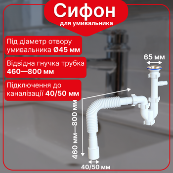 Прямоточный сифон для умывальника с ревизией, отводом для стиральной или посудомоечной машины и гофротрубой
