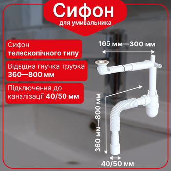 Телескопический сифон для мойки с резьбовым выпуском, двойным отводом для техники и гофротрубой SY180S0043