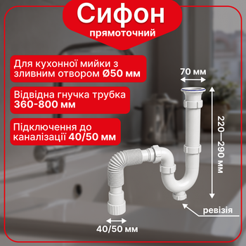 Сифон Kronoplast 1 1/2"*40 с резьбовым выпуском прямоточный с ревизией и гофротрубой 40*40/50 мм SK14010043