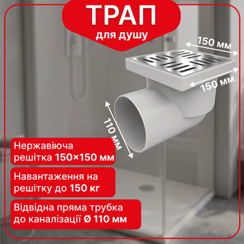 Трап нерегулируемый Kronoplast с нержавеющей решёткой 150×150 мм и горизонтальным выпуском Ø110 мм TS11511404