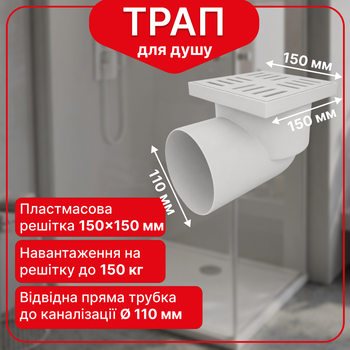 Трап нерегульований Kronoplast з пластиковою решіткою 150×150 мм та горизонтальним випуском Ø110 мм TS11510404
