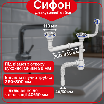 Сифон Kronoplast для двойной кухонной мойки 3 1/2″×40 с двумя разноуровневыми смещенными резьбовыми выпусками PM65220343