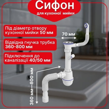 Сифон Kronoplast для кухонной мойки 1 1/2″×40 с резьбовым выпуском и отводом для стиральной машины SM26020243