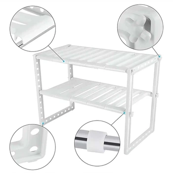 Регулируемая кухонная полка Kitchen Rack 38–70 см 2-ярусный органайзер под раковину Белая