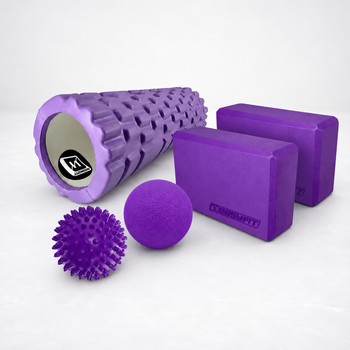 Набір для йоги: Масажний ролик (валик) EasyFit Grid Roller Mini, довжина 30 см, діаметр 10 см + Блоки для йоги EasyFit EVA 23х15,5 (2 шт) + Масажний м'ячик EasyFit TPR 6 см + Масажний м'яч