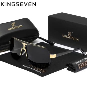 Брендовые винтажные солнцезащитные поляризационные очки KINGSEVEN чёрное стекло золото вставки высший уровень защиты UV400