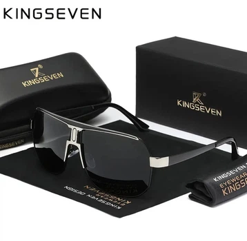 Брендовые винтажные солнцезащитные поляризационные очки KINGSEVEN Черное стекло серебряные вставки высший уровень защиты UV400