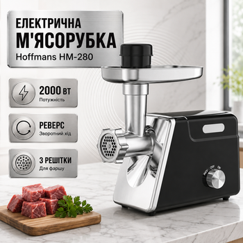 Электрическая мясорубка Hoffmans HM-280 2000 Вт с реверсом, 3 решетками и насадкой для колбас