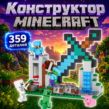 Конструктор Minecraft Большой алмазный меч с башней фигурками героев Крипером скелетом и свинкой 359 деталей Майнкрафт My World