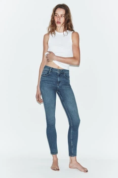 Джинси вузькі з високою талією з еластичного деніма сині Zara розмір XL