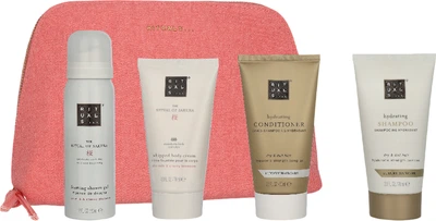 Набір Rituals The Ritual of Sakura Body Hair Travel Set Крем для тіла 70 мл Гель-піна для душу 50 мл Шампунь для волосся 70 мл Кондиціонер для волосся 70 мл косметичка