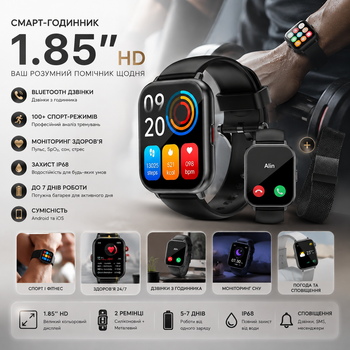 Смарт-часы 1.85 HD Black с Bluetooth-звонками, 2 ремешка, IP68, 100+ спорт режимов, пульс, SpO2, сон, Android iOS