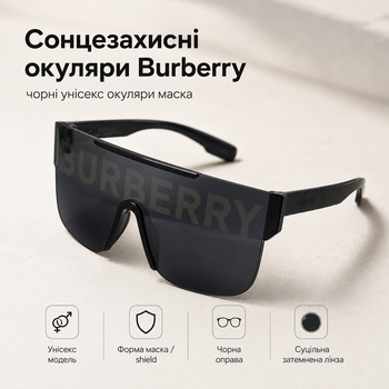 Солнцезащитные очки Burberry черные с темной цельной линзой - унисекс маска с надписью Burberry