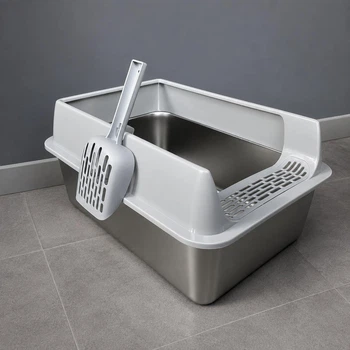 Лоток для кота с высокими бортиками из нержавеющей стали 50×35×25 см кошачий туалет, серый