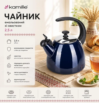 Чайник Kamille 2,5л с эмалевым покрытием со свистком KM-1040D