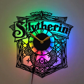 Настенные часы Slytherin с LED-подсветкой, часы Гарри Поттер, декор факультета Слизерин, подарок поклоннику Harry Potter, настенный декор для игровой комнаты, подарок для мужчины