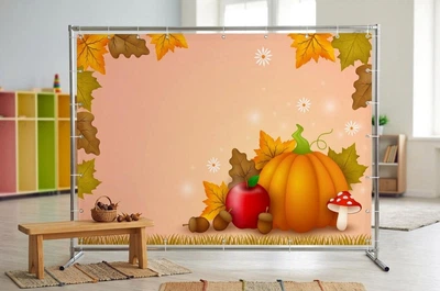 Банер осінній для фотозони PHOTODECOR «Осінній колаж» Стиглий гарбуз, червоне яблуко, мухомор та осіннє листя 1 кв.м