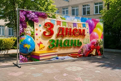 Баннер для фотозоны на 1 сентября PHOTODECOR «С Днем знаний» Сирень, глобус, воздушные шары и праздничная гирлянда 1 кв.м