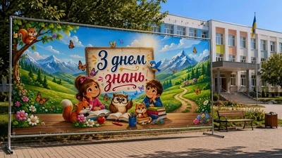 Баннер для фотозоны на 1 сентября PHOTODECOR «С днем знаний!» Школьники, лесные зверушки и горный пейзаж 1 кв.м