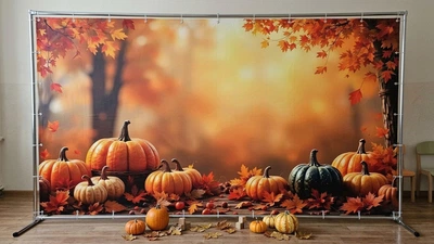 Банер осінній для фотозони PHOTODECOR «Гарбузова осінь» Соковиті гарбузи, багряне кленове листя та сонячне лісове сяйво 1 кв.м