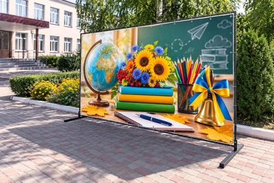 Баннер для фотозоны на 1 сентября PHOTODECOR «Мир знаний» Глобус, школьная доска и колокольчик 1 кв.м
