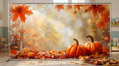 Банер осінній для фотозони PHOTODECOR «Осіння сонячна галявина» Стиглі гарбузи, яскраве кленове листя та сонячні промені 1 кв.м