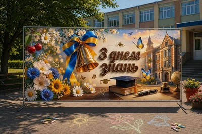 Баннер для фотозоны на 1 сентября PHOTODECOR «С Днем знаний» с колокольчиком, академической шапочкой, книгой и лицеем | Праздничный баннер ко Дню знаний для школы 1 кв.м