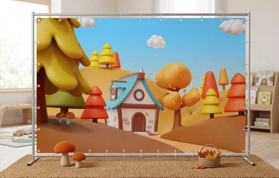 Баннер осенний для фотозоны PHOTODECOR «3D Сказочный домик» Осенний лес, уютная избушка, холмы и грибочки 1 кв.м