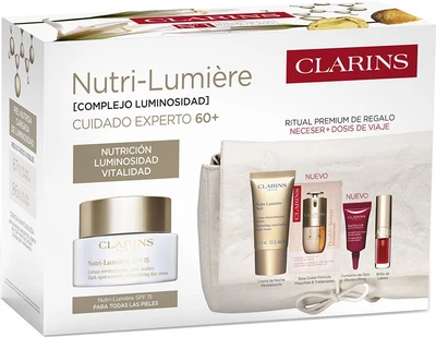 Набір для догляду за обличчям Clarins Nutri-Lumiere Денний крем SPF 15 50 мл + Нічний крем 15 мл + Крем для шкіри навколо очей 3 мл + Тональний крем для обличчя M1W 0.9 мл + Олія для губ 08 Pitaya 1.4 мл + Косметичка (3666057465949)