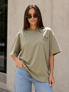 Футболка женская A-N 2358 рисунок на спине животные one size хаки