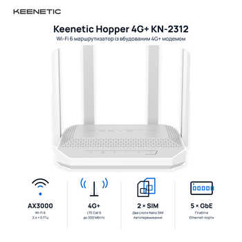 Беспроводной маршрутизатор Keenetic Hopper 4G+ Wi-Fi 6 AX3000 2.4/5 GHz 4xGbE 2xNano SIM USB 3.0 4 антенны White (KN-2312)