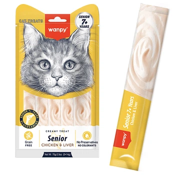 Жидкое лакомство Wanpy Creamy Lickable Treats Senior Chicken & Liver с курицей и печенью для пожилых кошек, с лактобактериями и глюкозамином, (5 стиков х 14 г) (6927749874027)