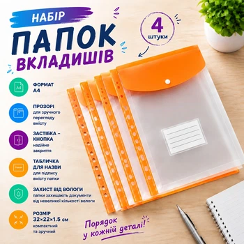 Набор папок-вкладышей с кнопкой для документов 4 штуки формат А4 папка-файл для фолдера папки-конверты прозрачные, оранжевый folder-1-orange