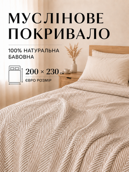 Покрывало муслиновое 200х230 см евро размер хлопчатобумажное на кровать и диван легкий дышащий плед из муслина для спальни летнее одеяло из хлопка мягкое для ежедневного использования. Светло-коричневая полоска