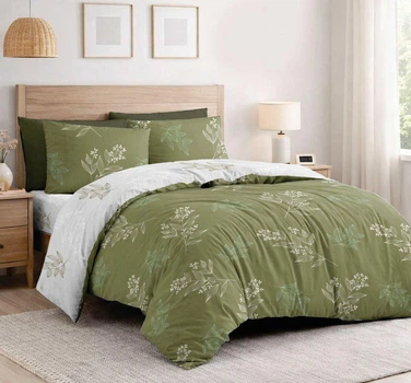 Комплект постільної білизни Квіти Євро 200*220 Бязь Голд Люкс Кремово зелений