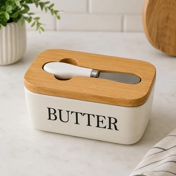 Масленка керамическая для масла с крышкой и ножом "Butter", 500 мл, Белый