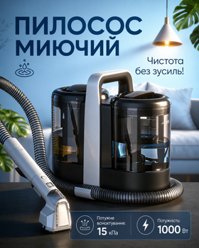 Моющий пылесос для ковров, мебели, текстиля и салона автомобиля, 1000 Вт, сила всасывания 15 кПа, бак 1,5/0,85 л, черный