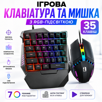 Комплект клавіатура та миша ігрові USB з RGB-підсвіткою дротові для ПК ноутбука комп'ютера мембранна клавіатура 35 клавіш оптична миша Plug and Play для роботи навчання офісу домашнього використання чорний комплект 198I G506 з високою чутливістю