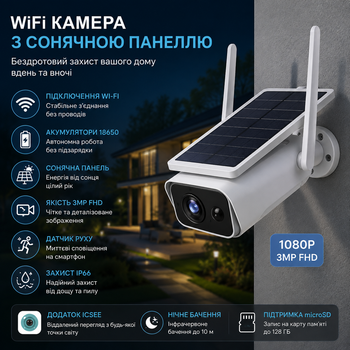 Вулична WiFi камера відеоспостереження Q2 ICSEE Бездротова неповоротна 3MP FHD камера з сонячною панеллю та акумуляторами 18650 IP камера для безпеки з додатком ICSEE