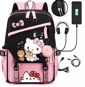 Шкільний підлітковий рюкзак з USB і хутряним помпоном для дівчинки Kitty