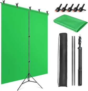 Хромакей зеленый 1.5×2 м JEBUTU | Green Screen со стойкой и клипсами | Фон для стримов, TikTok, YouTube, фото и видеосъемки