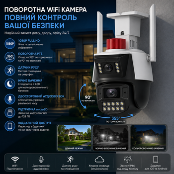 Поворотная WiFi камера видеонаблюдения Беспроводная поворотная IP камера 1080P Full HD с ночным видением Поддержка карт памяти до 128 ГБ детектором движения и удаленным доступом через приложение