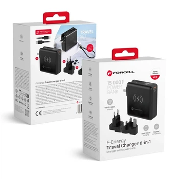 Многофункциональное зарядное устройство Forcell F-Energy 6в1 USB A + USB C PD 45W + power bank 15000 mAh + беспроводная зарядка 15W Black (59033963753